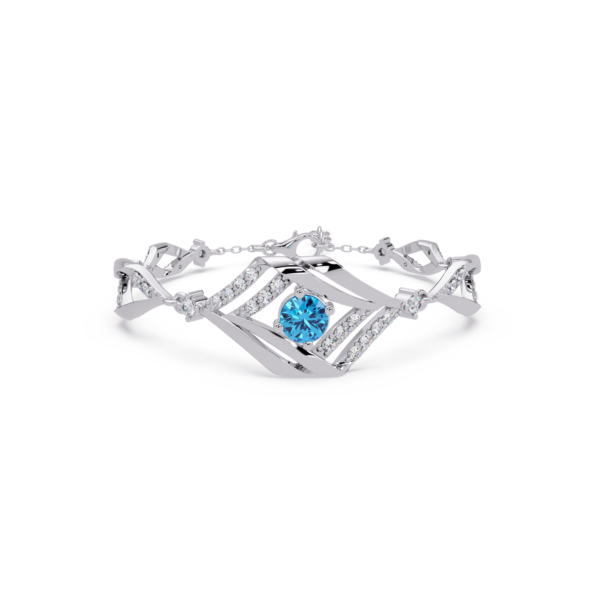 Geometric diamond-accent colorstone bracelet in white gold with aquamarine blue center gemstone