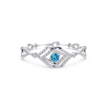 Geometric diamond-accent colorstone bracelet in white gold with aquamarine blue center gemstone