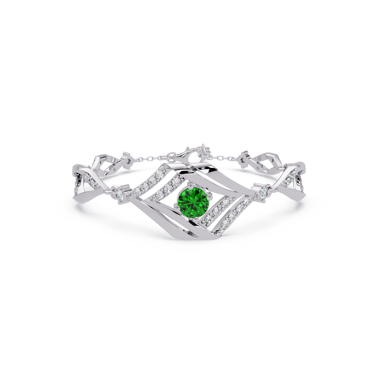 Geometric diamond-accent colorstone bracelet in white gold with emerald green center gemstone
