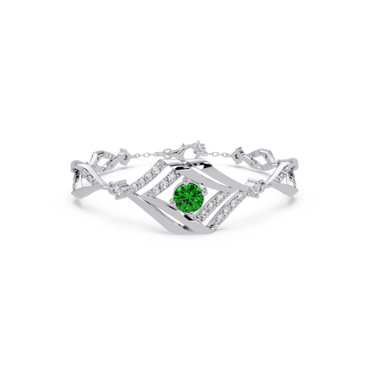 Geometric diamond-accent colorstone bracelet in white gold with emerald green center gemstone