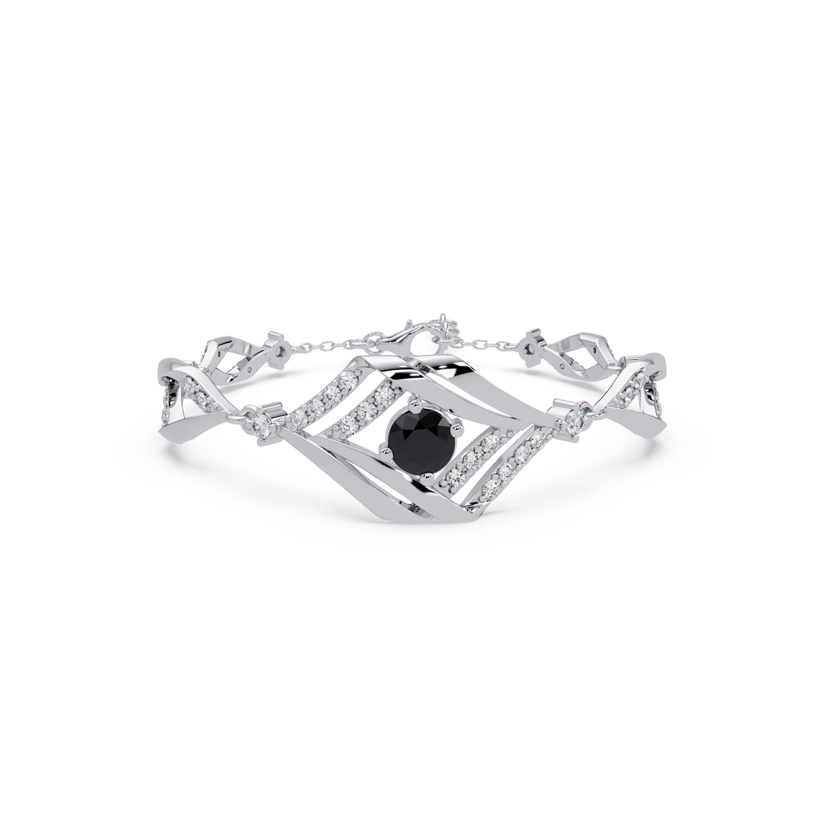 Geometric diamond-accent colorstone bracelet in white gold with onyx center gemstone