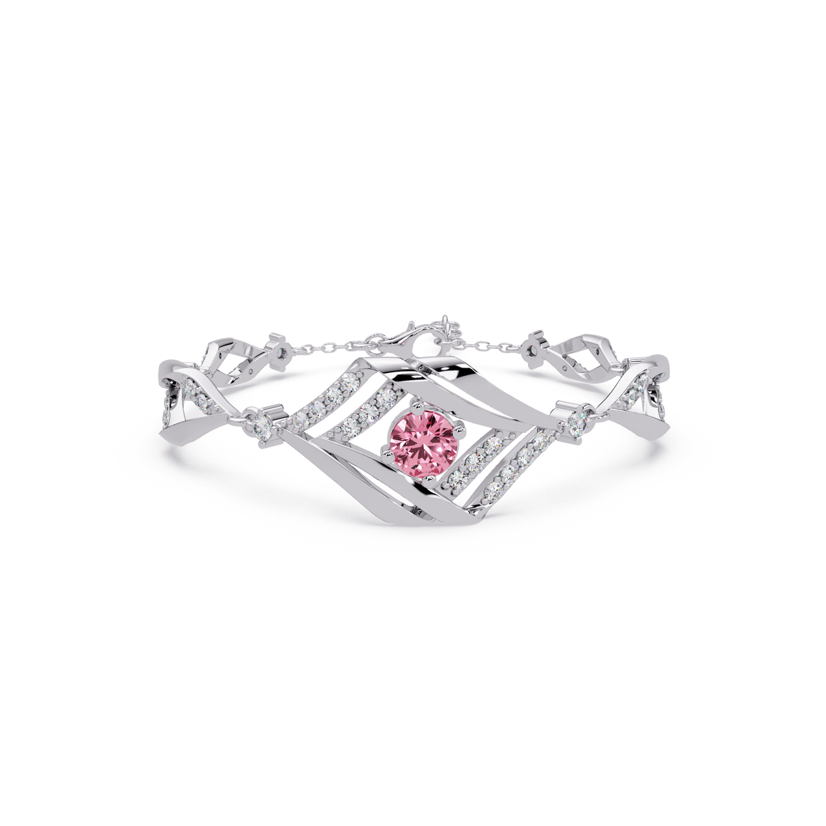 Geometric diamond-accent colorstone bracelet in white gold with tourmaline pink center gemstone