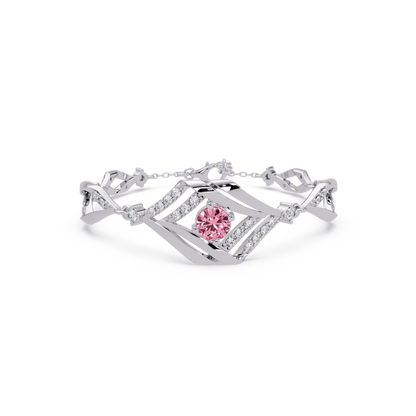 Geometric diamond-accent colorstone bracelet in white gold with tourmaline pink center gemstone
