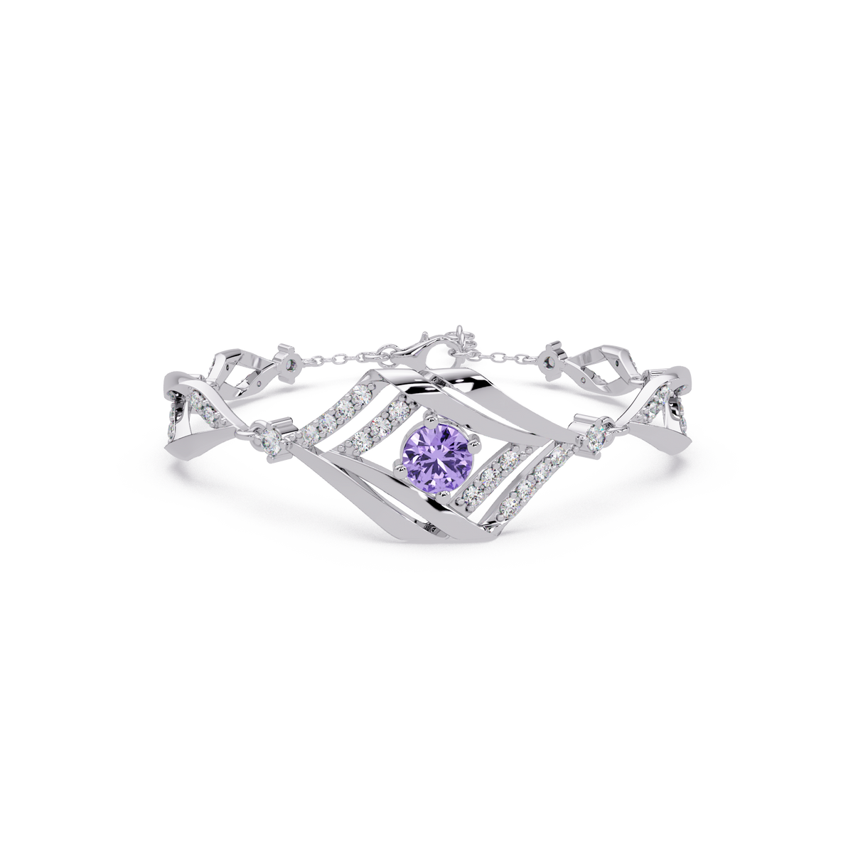 Geometric diamond-accent colorstone bracelet in white gold with amethyst purple center gemstone