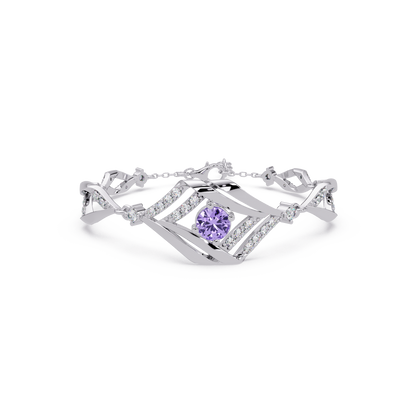 Geometric diamond-accent colorstone bracelet in white gold with amethyst purple center gemstone