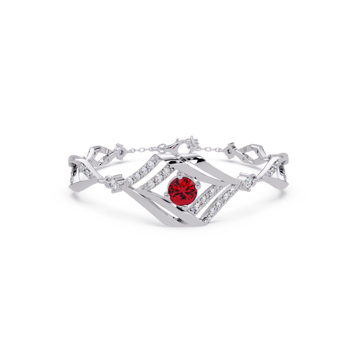 Geometric diamond-accent colorstone bracelet in white gold with ruby red center gemstone