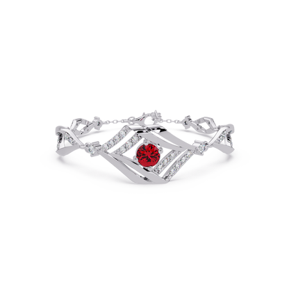 Geometric diamond-accent colorstone bracelet in white gold with ruby red center gemstone