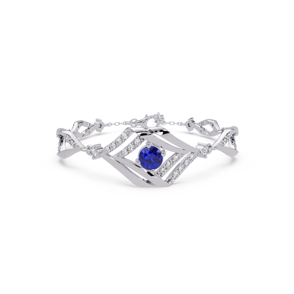 Geometric diamond-accent colorstone bracelet in white gold with sapphire blue center gemstone
