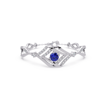 Geometric diamond-accent colorstone bracelet in white gold with sapphire blue center gemstone