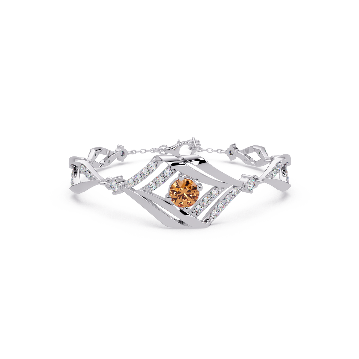 Geometric diamond-accent colorstone bracelet in white gold with champagne topaz center gemstone