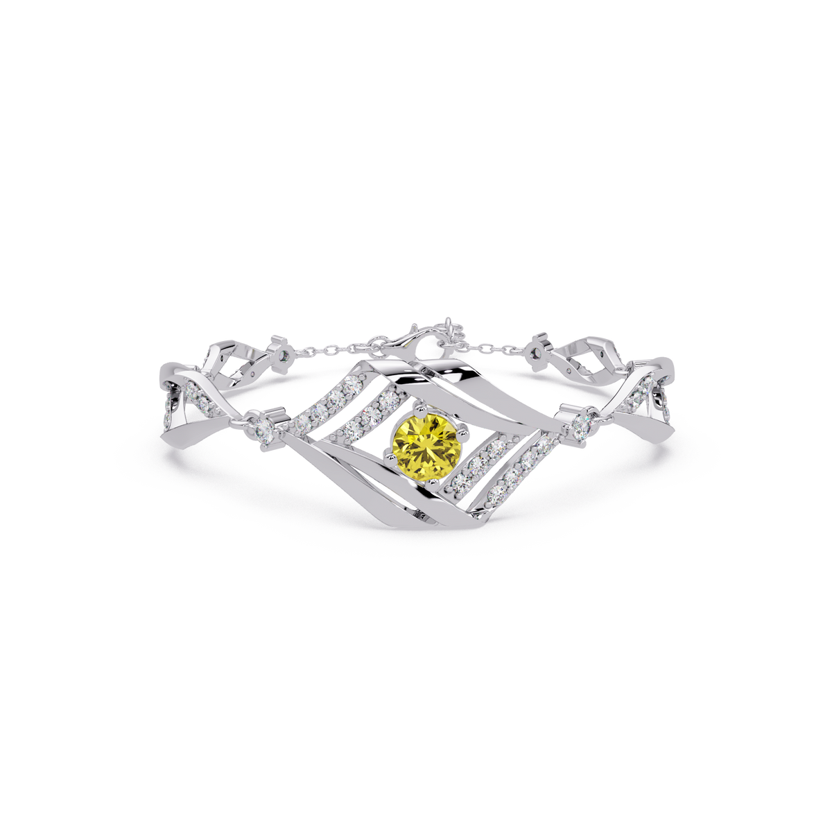 Geometric diamond-accent colorstone bracelet in white gold with citrine yellow center gemstone