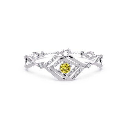 Geometric diamond-accent colorstone bracelet in white gold with citrine yellow center gemstone