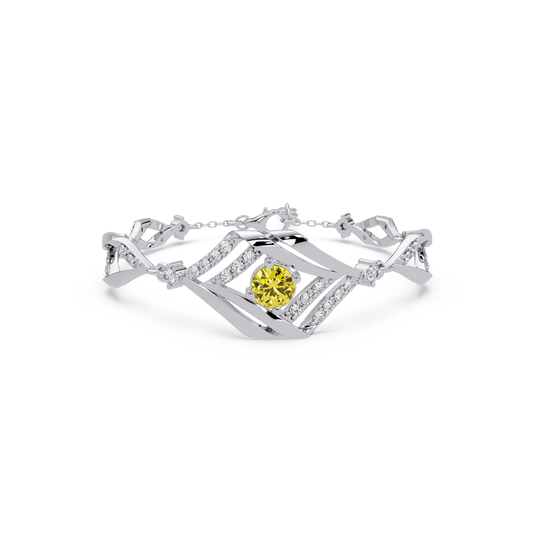 Geometric diamond-accent colorstone bracelet in white gold with citrine yellow center gemstone