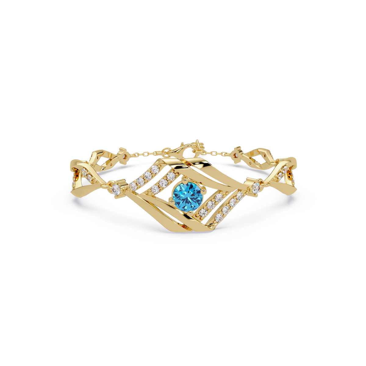 Geometric diamond-accent colorstone bracelet in yellow gold with aquamarine blue center gemstone