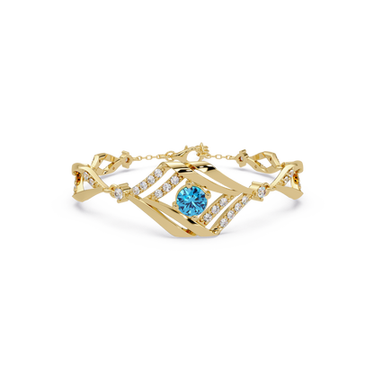 Geometric diamond-accent colorstone bracelet in yellow gold with aquamarine blue center gemstone