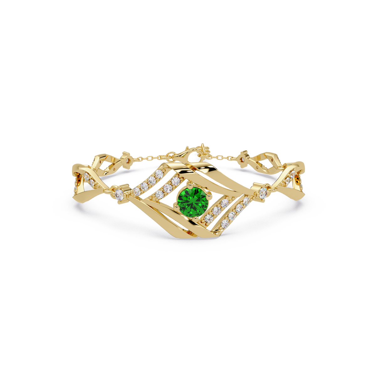 Geometric diamond-accent colorstone bracelet in yellow gold with emerald green center gemstone