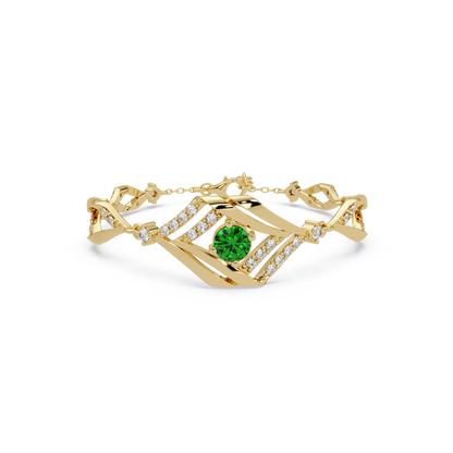 Geometric diamond-accent colorstone bracelet in yellow gold with emerald green center gemstone