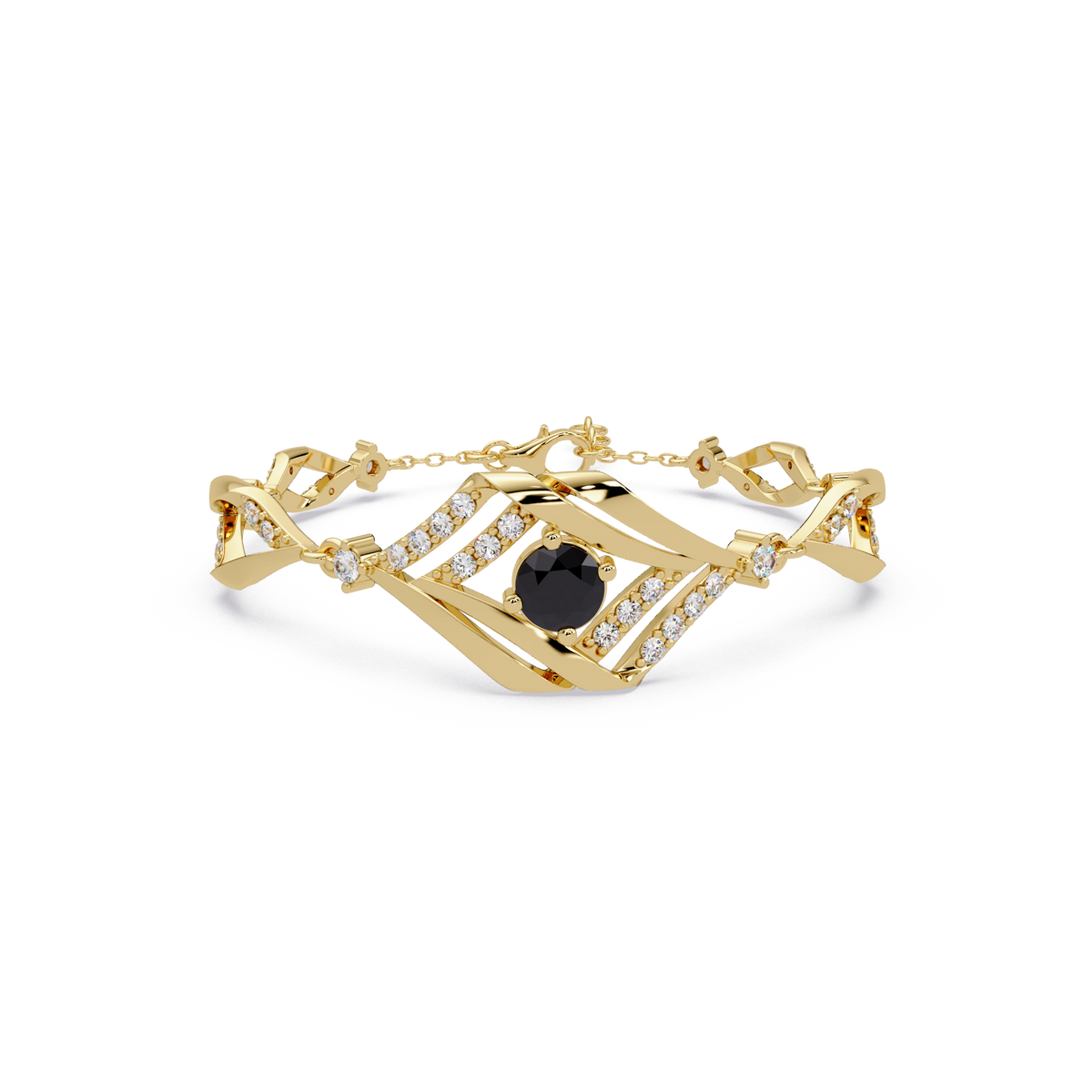 Geometric diamond-accent colorstone bracelet in yellow gold with onyx center gemstone