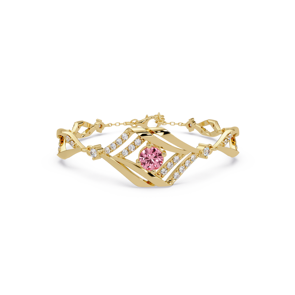 Geometric diamond-accent colorstone bracelet in yellow gold with tourmaline pink center gemstone