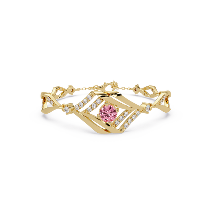 Geometric diamond-accent colorstone bracelet in yellow gold with tourmaline pink center gemstone