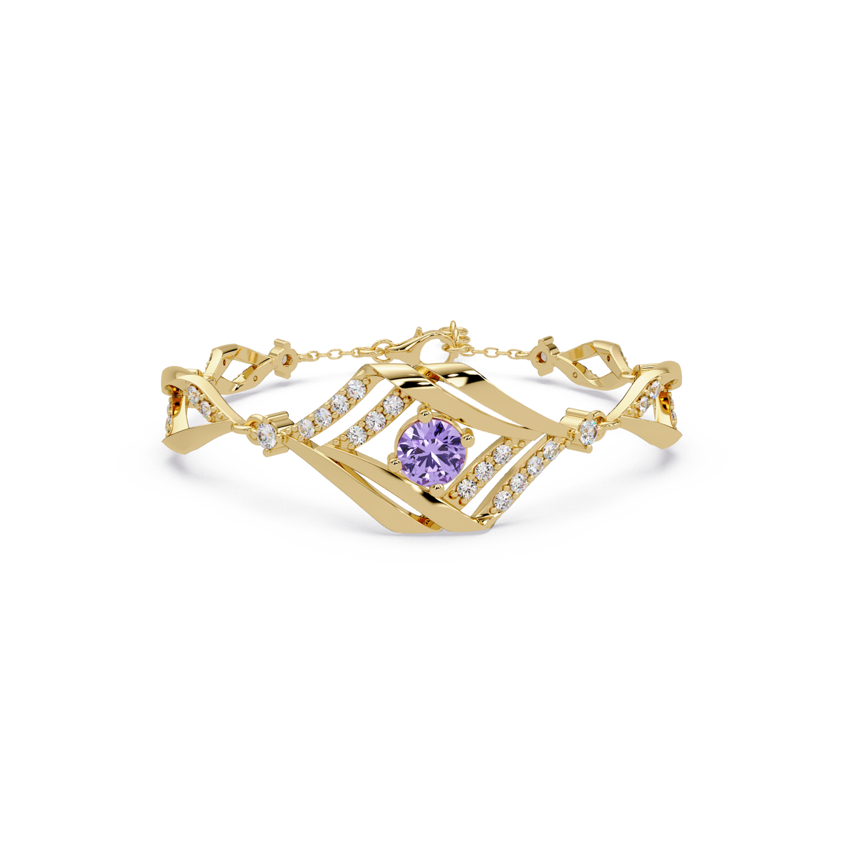 Geometric diamond-accent colorstone bracelet in yellow gold with amethyst purple center gemstone