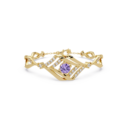 Geometric diamond-accent colorstone bracelet in yellow gold with amethyst purple center gemstone