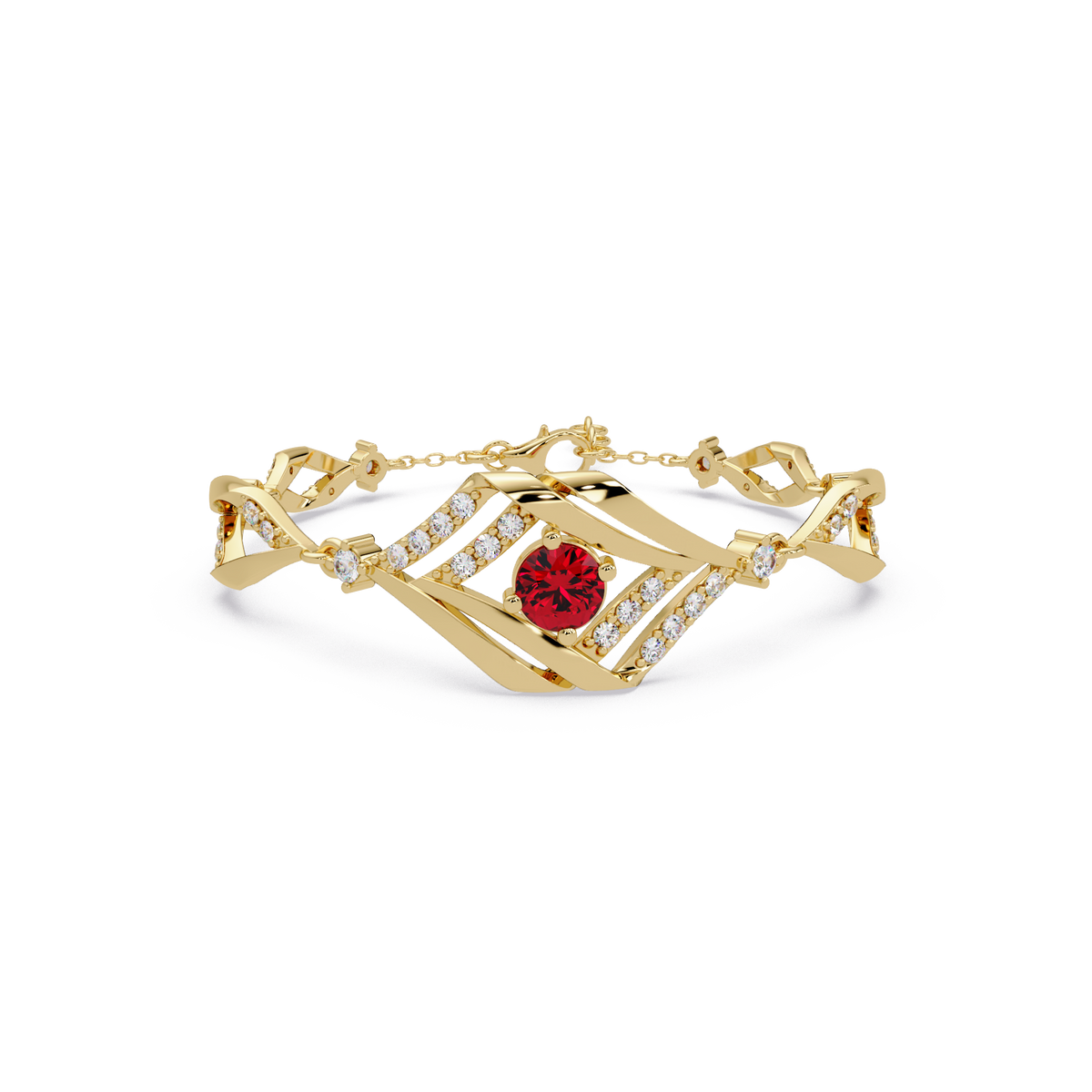 Geometric diamond-accent colorstone bracelet in yellow gold with ruby red center gemstone