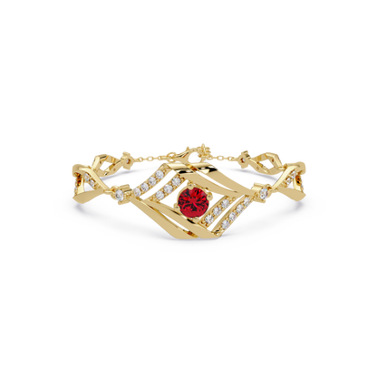 Geometric diamond-accent colorstone bracelet in yellow gold with ruby red center gemstone