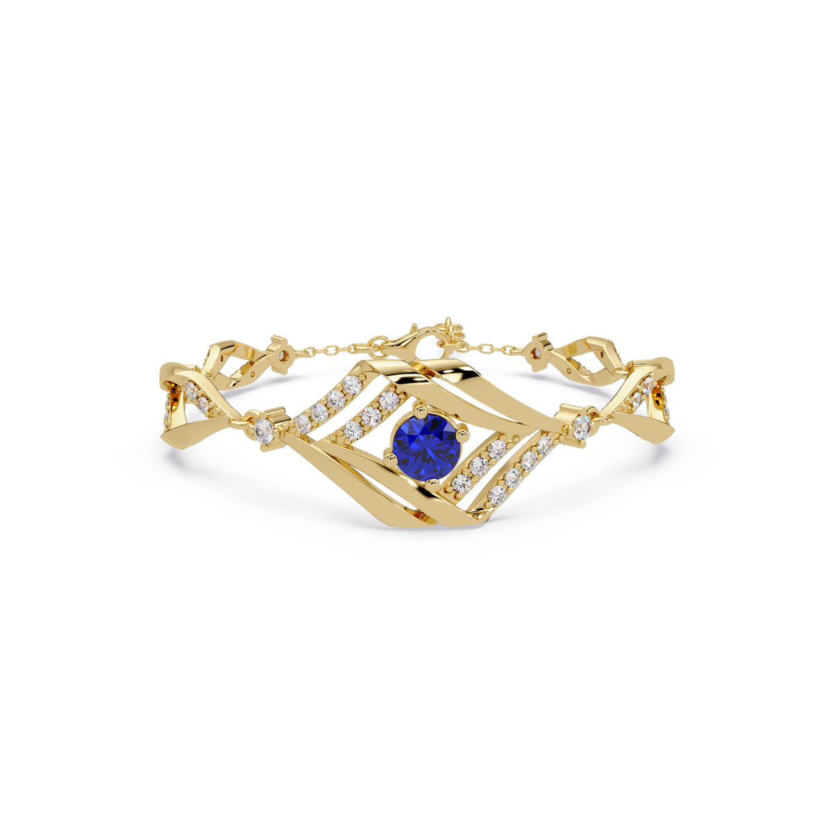 Geometric diamond-accent colorstone bracelet in yellow gold with sapphire blue center gemstone