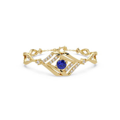 Geometric diamond-accent colorstone bracelet in yellow gold with sapphire blue center gemstone