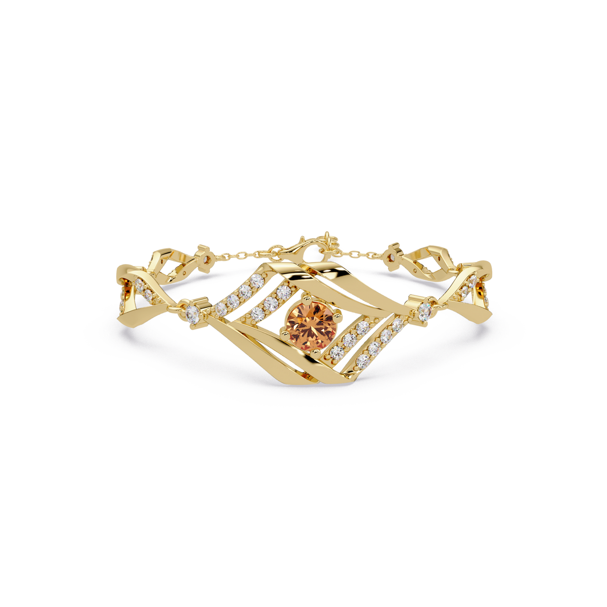 Geometric diamond-accent colorstone bracelet in yellow gold with champagne topaz center gemstone