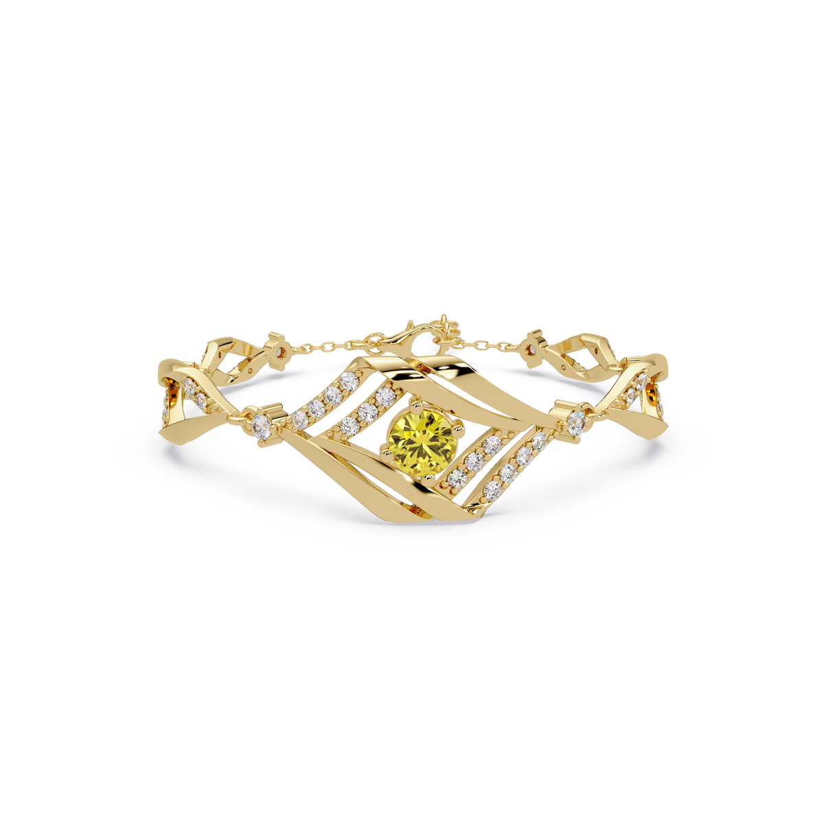 Geometric diamond-accent colorstone bracelet in yellow gold with citrine yellow center gemstone