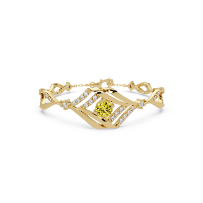 Geometric diamond-accent colorstone bracelet in yellow gold with citrine yellow center gemstone