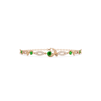 Round colorstone and pavé leaf-link bracelet in rose gold, green stones
