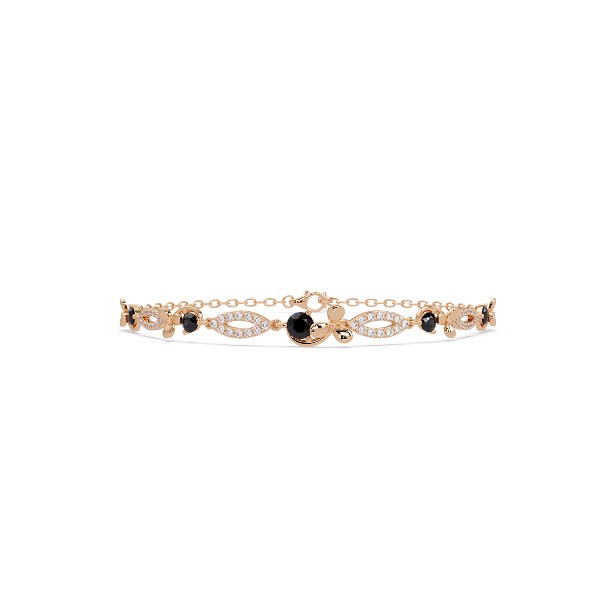 Round colorstone and pavé leaf-link bracelet in rose gold, onyx stones