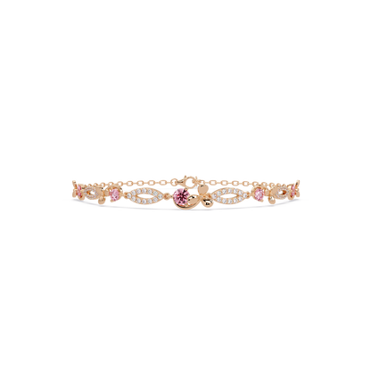 Round colorstone and pavé leaf-link bracelet in rose gold, pink stones
