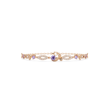 Round colorstone and pavé leaf-link bracelet in rose gold, purple stones