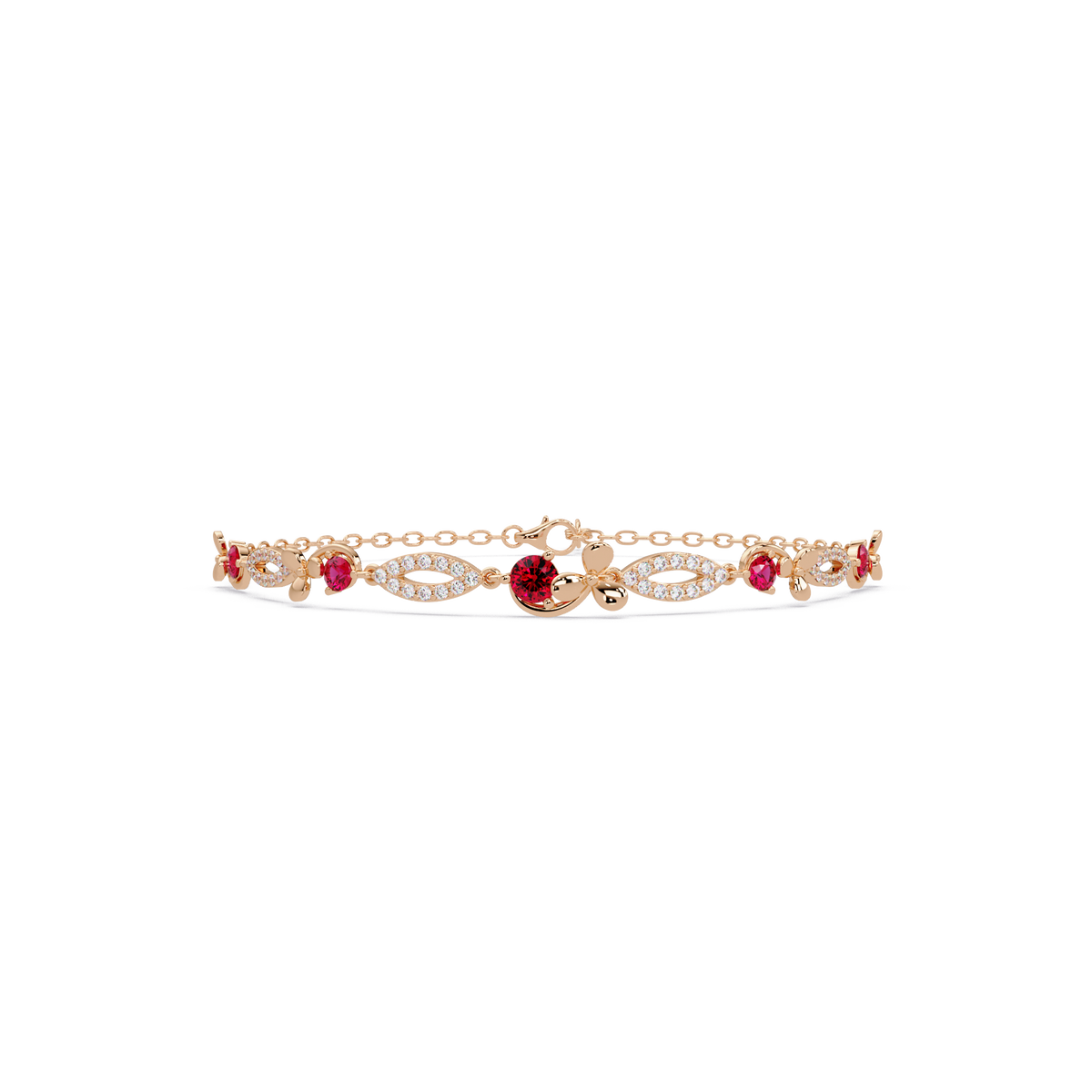 Round colorstone and pavé leaf-link bracelet in rose gold, red stones