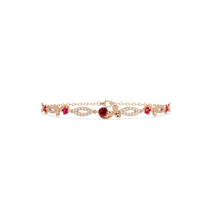 Round colorstone and pavé leaf-link bracelet in rose gold, red stones