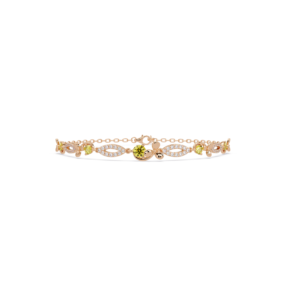 Round colorstone and pavé leaf-link bracelet in rose gold, yellow stones