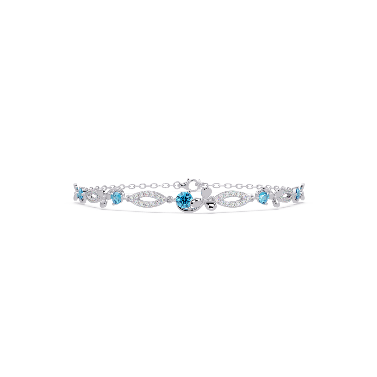 Round colorstone and pavé leaf-link bracelet in white gold, aquamarine stones