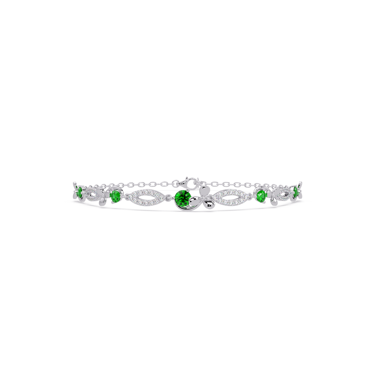 Round colorstone and pavé leaf-link bracelet in white gold, green stones