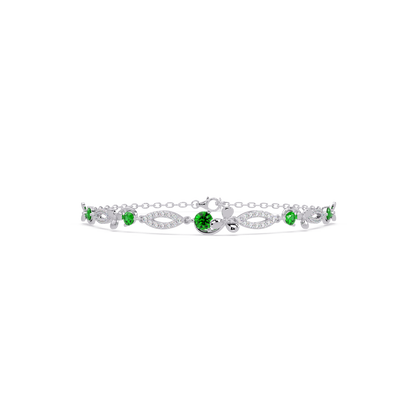 Round colorstone and pavé leaf-link bracelet in white gold, green stones