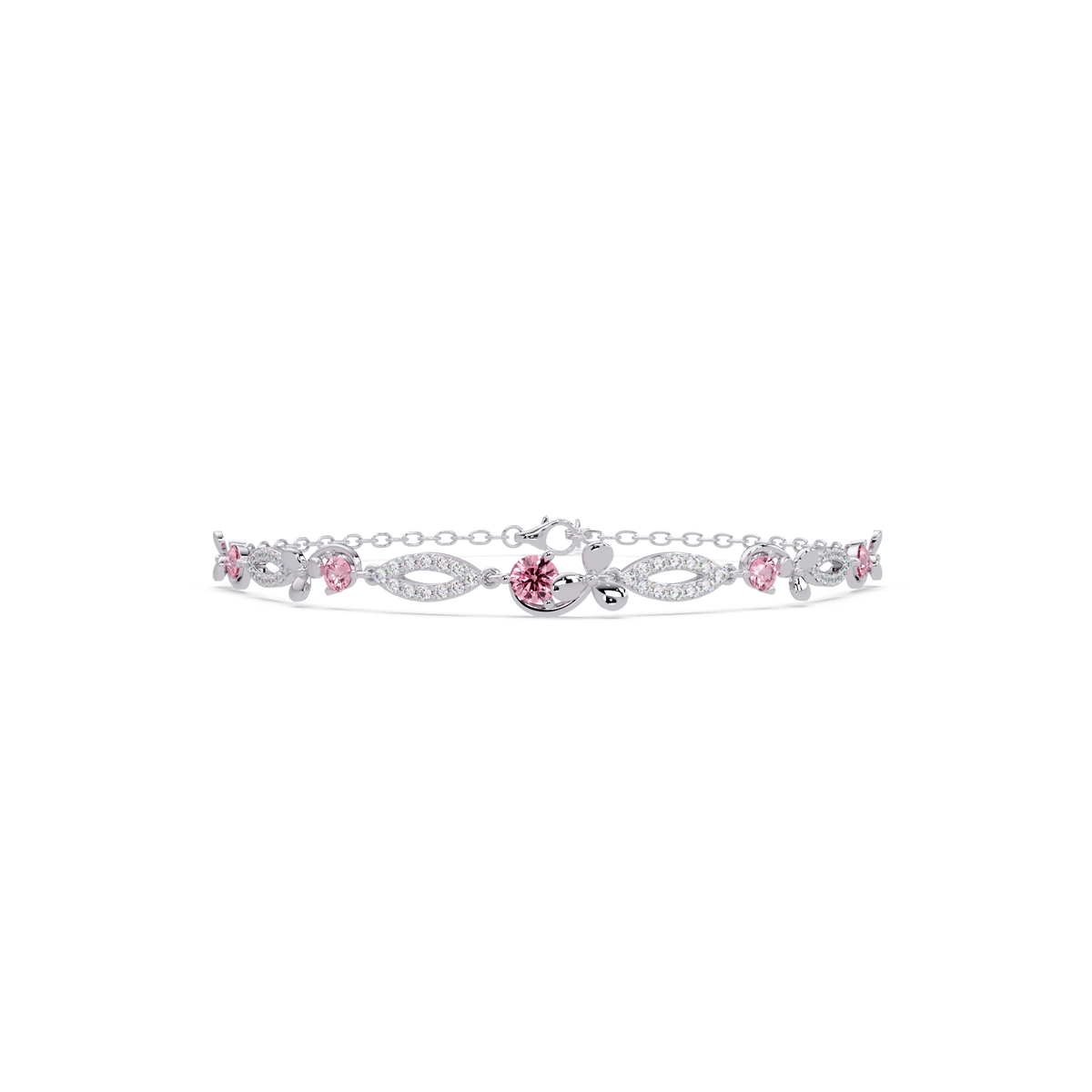 Round colorstone and pavé leaf-link bracelet in white gold, pink stones