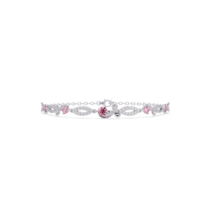 Round colorstone and pavé leaf-link bracelet in white gold, pink stones