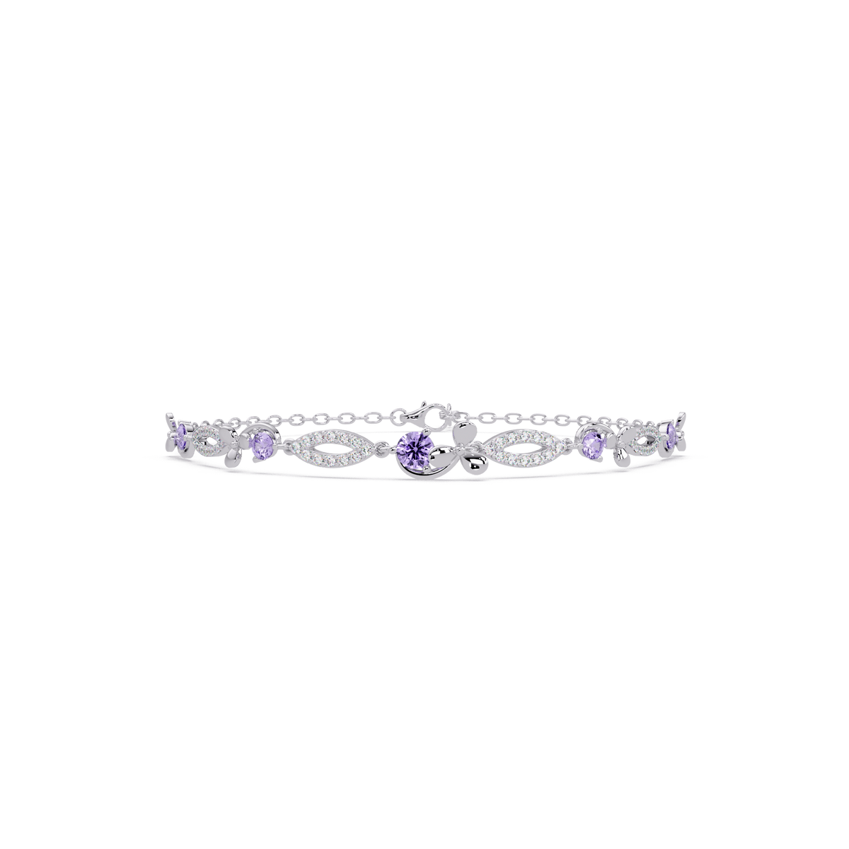 Round colorstone and pavé leaf-link bracelet in white gold, purple stones