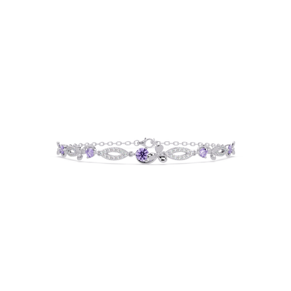 Round colorstone and pavé leaf-link bracelet in white gold, purple stones