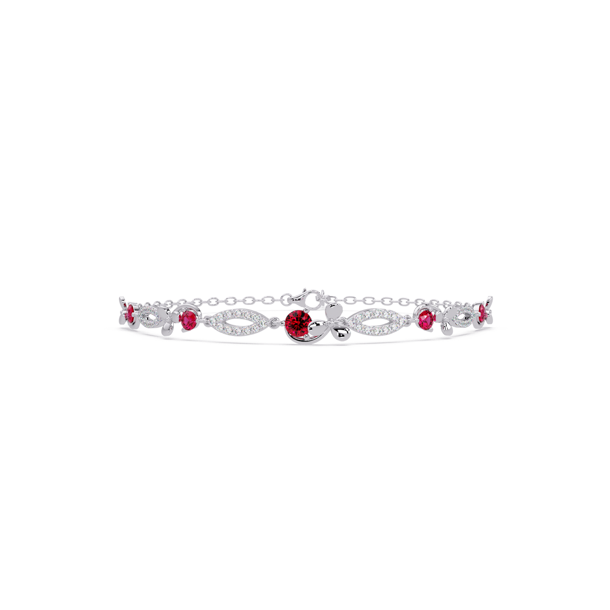 Round colorstone and pavé leaf-link bracelet in white gold, red stones