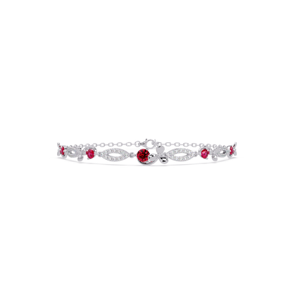 Round colorstone and pavé leaf-link bracelet in white gold, red stones