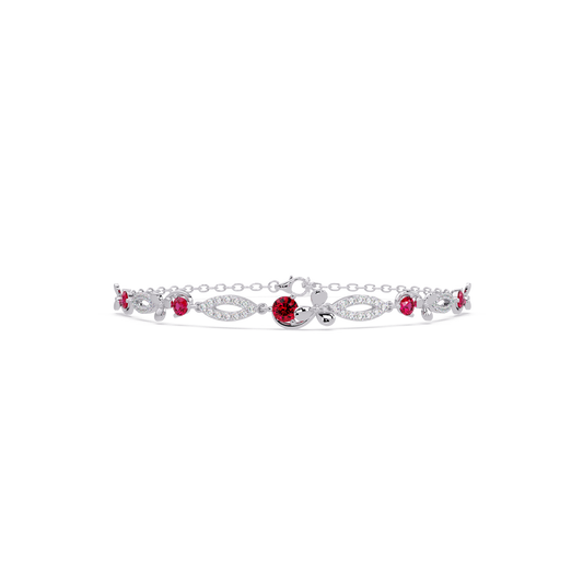 Round colorstone and pavé leaf-link bracelet in white gold, red stones
